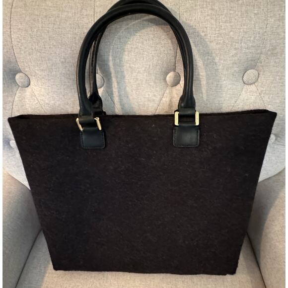 Tory Burch Ella Tote Felt Wool Leather Handbag Charcoal Gray Size Large - Picture 4 of 11